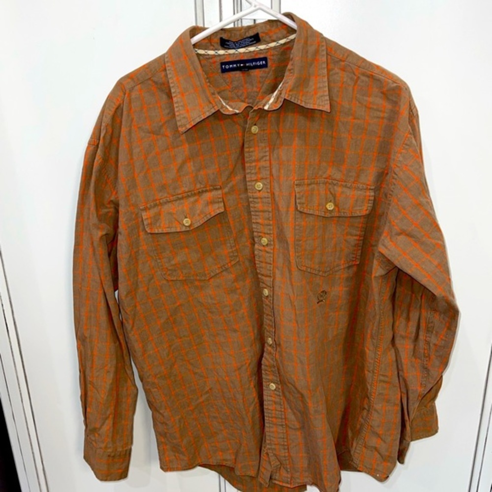 Vtg Tommy Hilfiger preppy collared brown orange striped button down up XL
